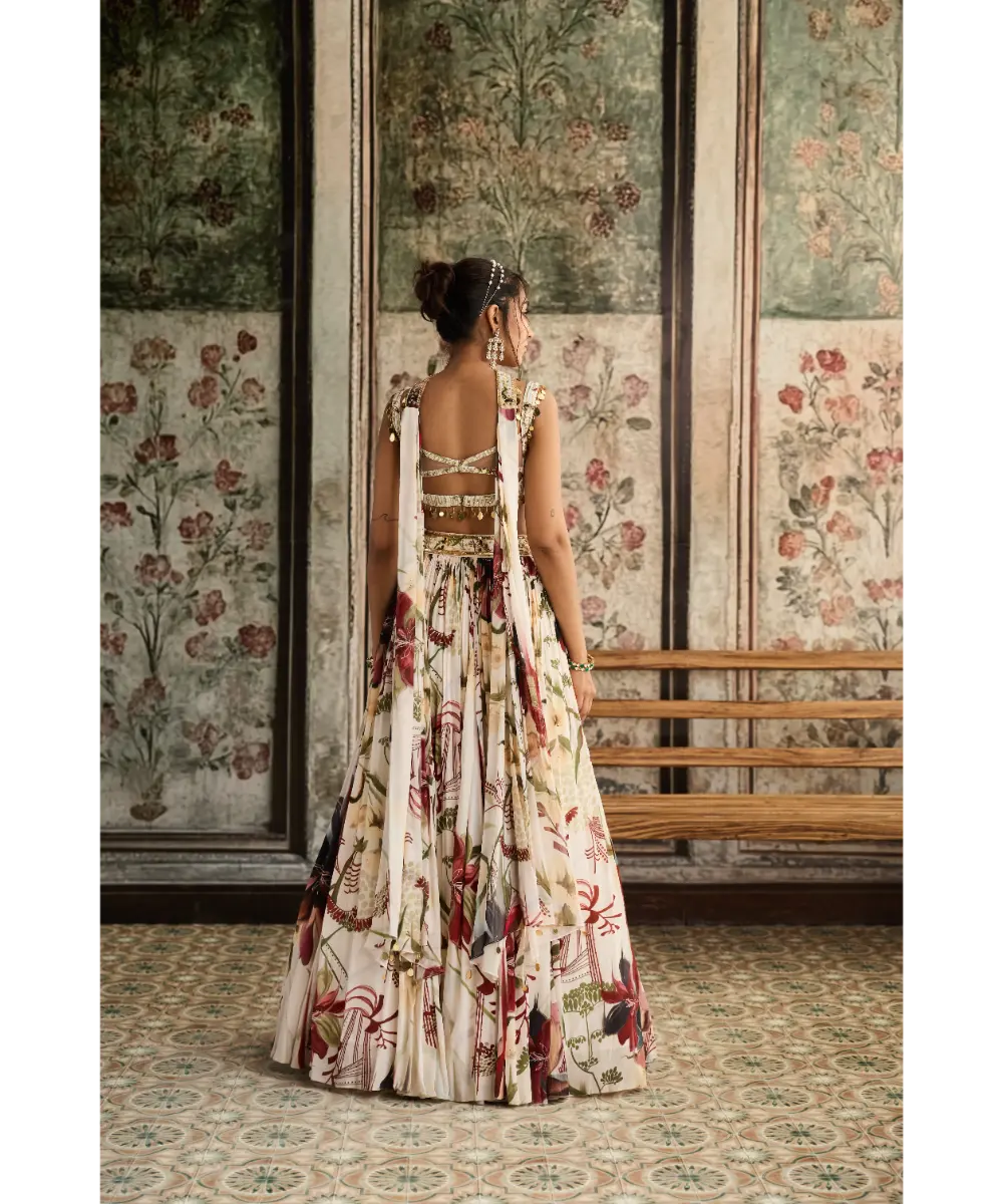 DIYARAJVVIR - IVORY FLORAL PRINT AND HIGHLIGHTED LEHENGA SET